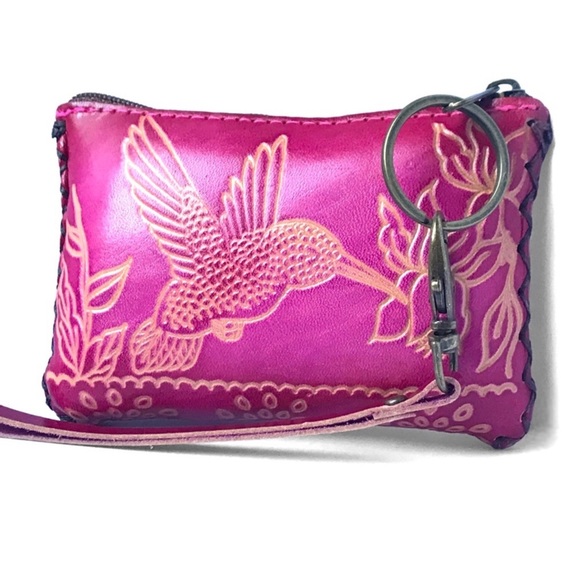 1 LEFT! Genuine Leather Handmade Handcrafted Hummingbird Wristlet Pouch - Picture 3 of 4
